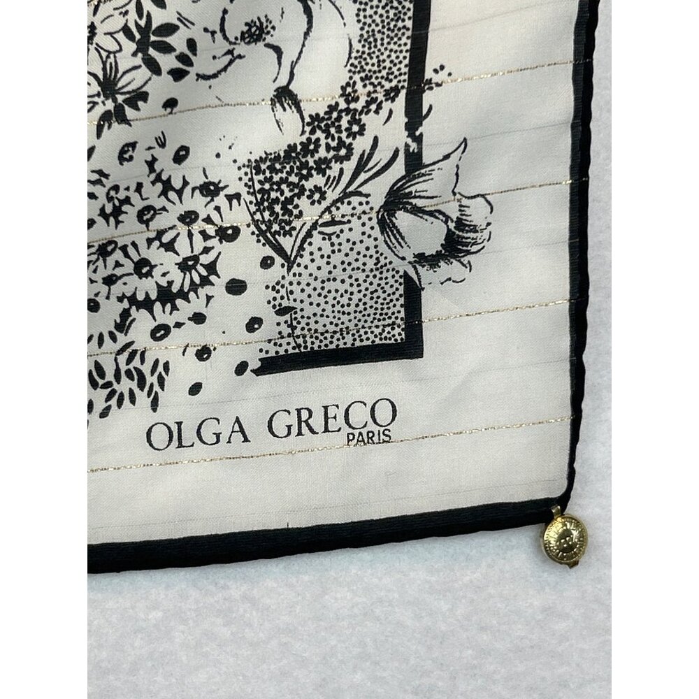 Vintage Olga Greco Paris Floral Scarf Lightweight Metallic Black White Italy - Picture 3 of 9
